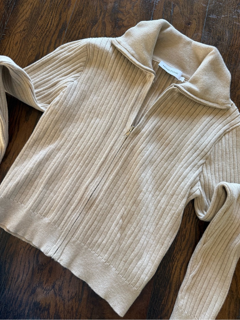 MINKPINK Ribbed Zip-Front Sweater in Beige
